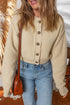 Textured Button Front Drop Shoulder Cropped Crewneck Cardigan